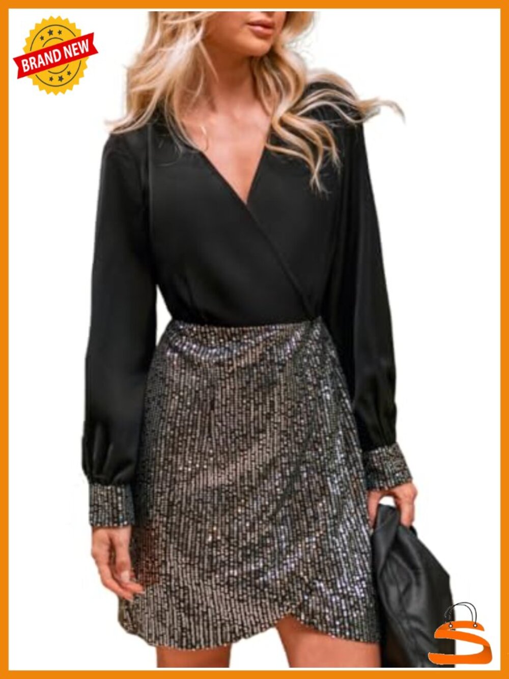 Sequin Bodycon Mini Dress Long Sleeve V Neck Cocktail Party